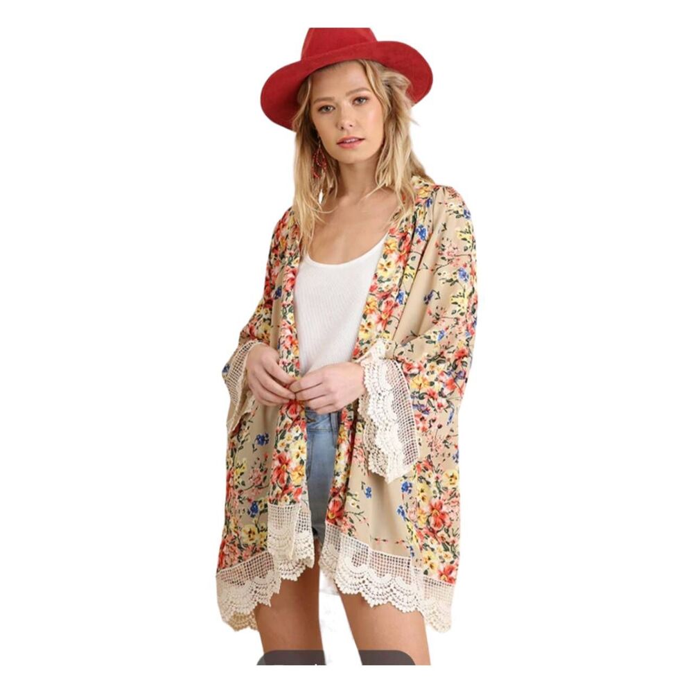 Relipop Tan Floral Lacw Trim Kimono Kaftan Cover Up size XL